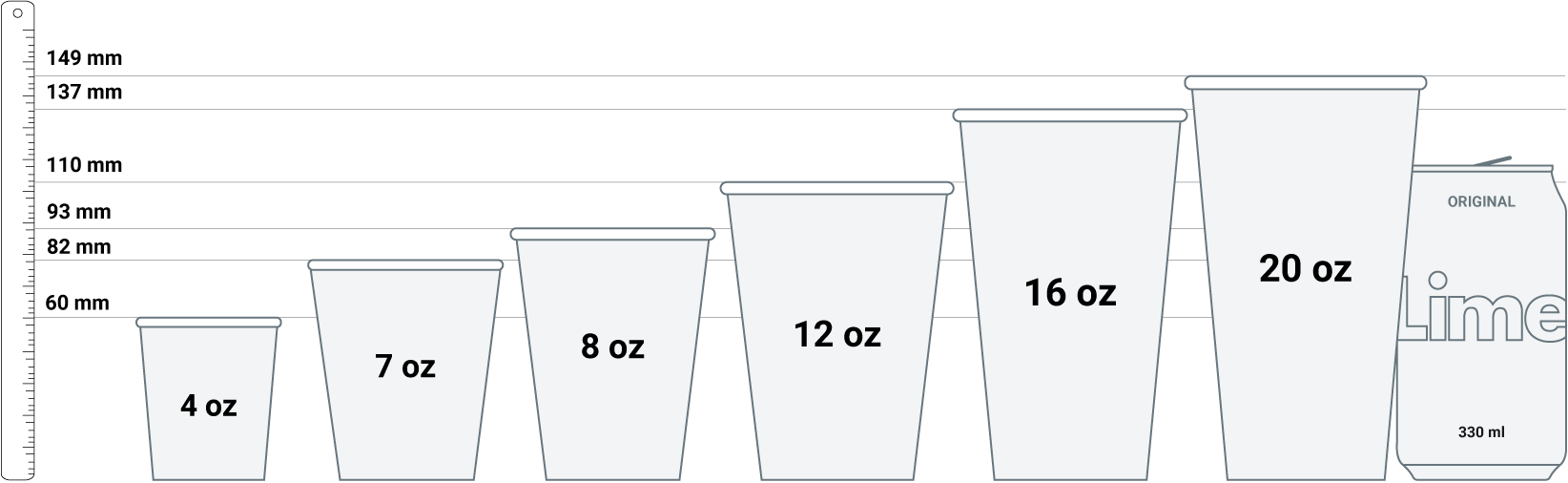 Illustration montrant différentes tailles de gobelets en papier allant de 100 ml à 550 ml, avec les dimensions et une comparaison avec une canette de boisson standard pour l'échelle.